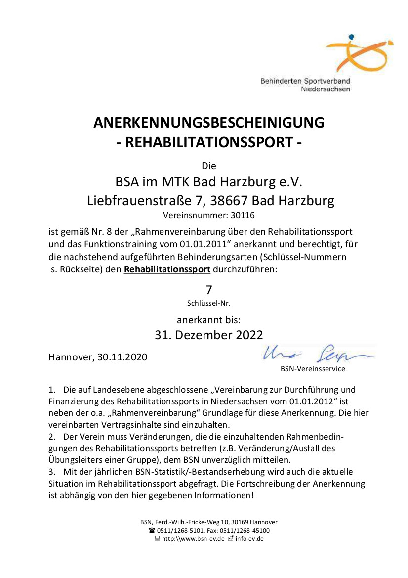 Anerkennung Rehasport, gültig bis 30. November 2022