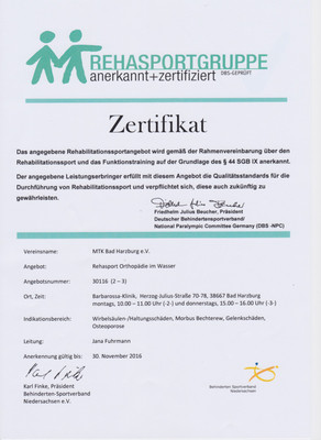 Zertifikat Rehasport Orthopädie im Wasser, gültig bis 30. November 2016